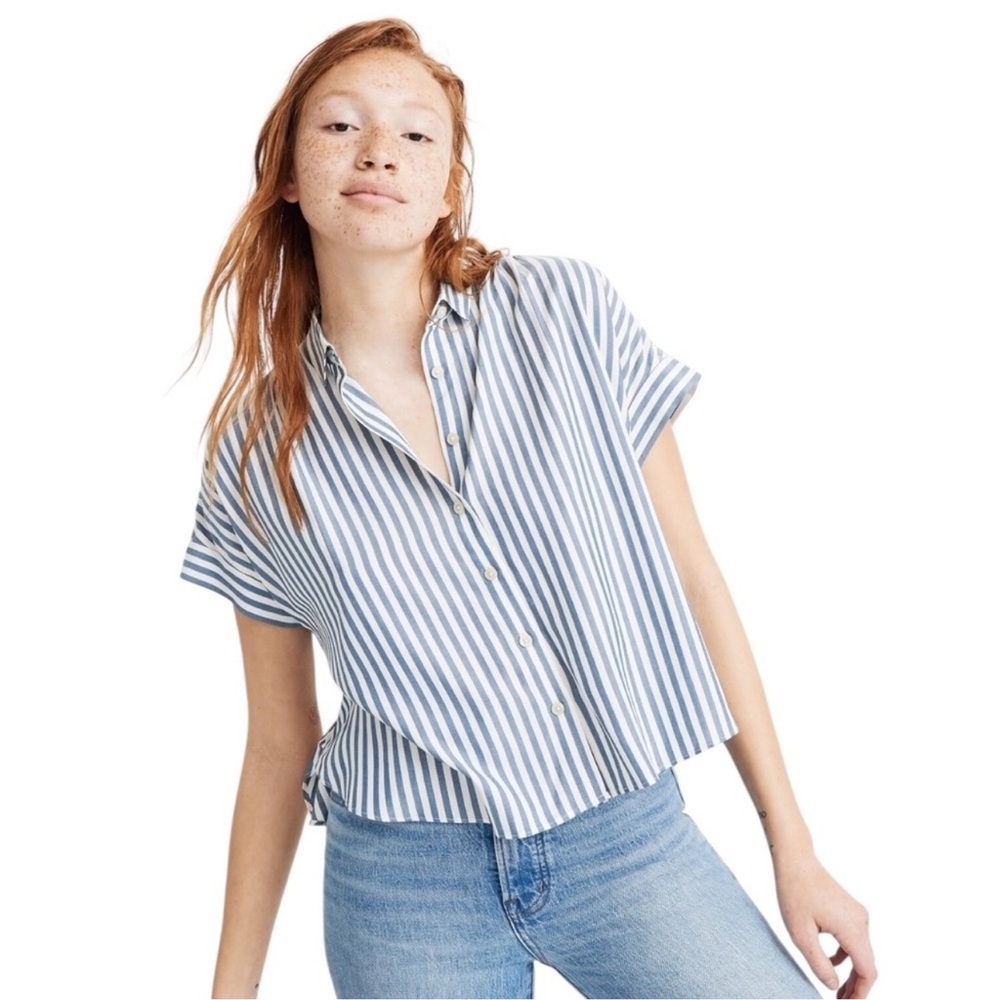 Madewell Hilltop Shirt In Savin Stripe Relaxed Fit Top Blue White Size S Summer
